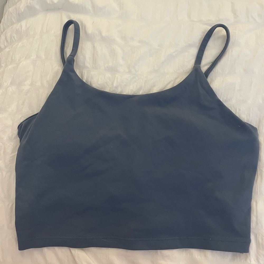 Bluish gray workout top/ longlined bra.
